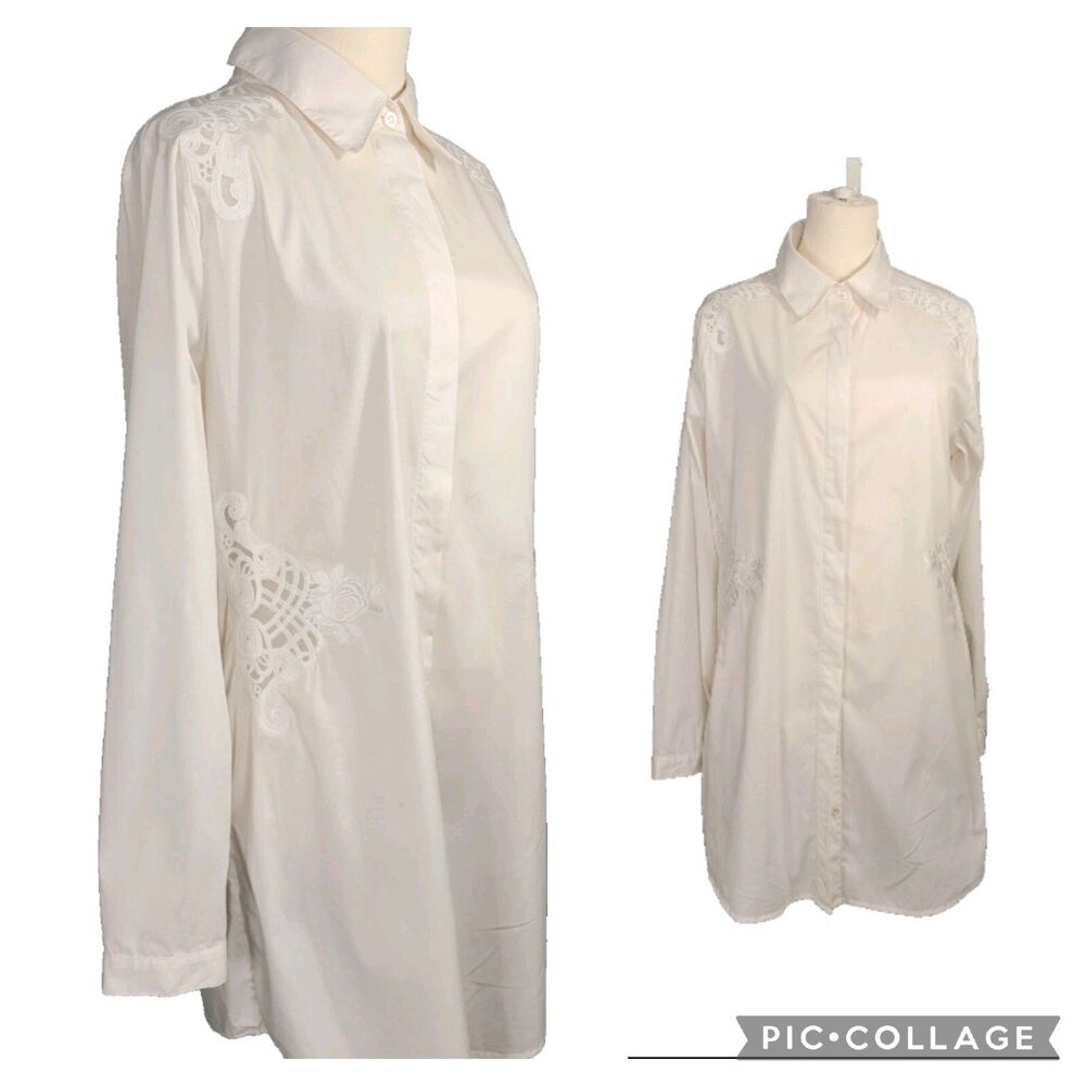 Vtg Soft Surroundings Tunic M White Button Down Mesh Lace Applique Cotton Blend